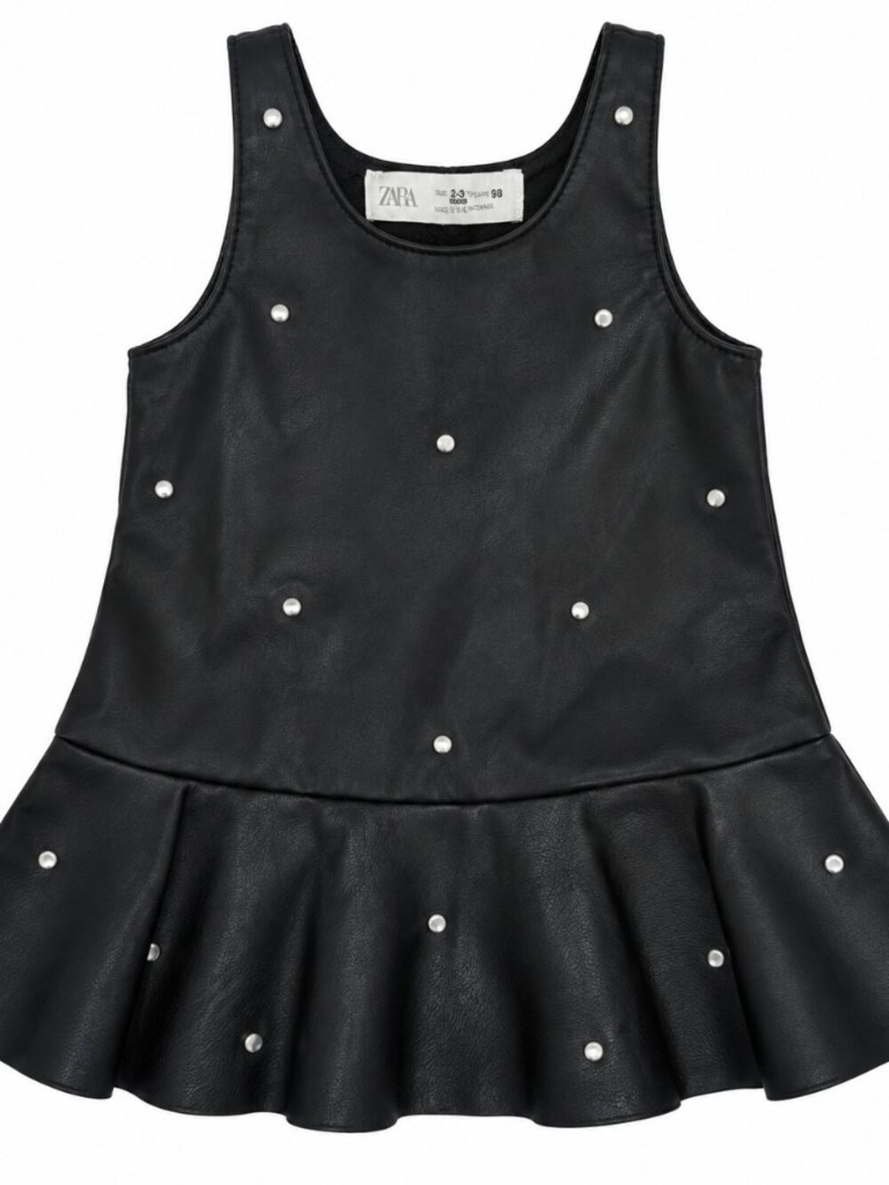 Zara Girls Black Faux Leather Studded Ruffle Dress 2-3Y